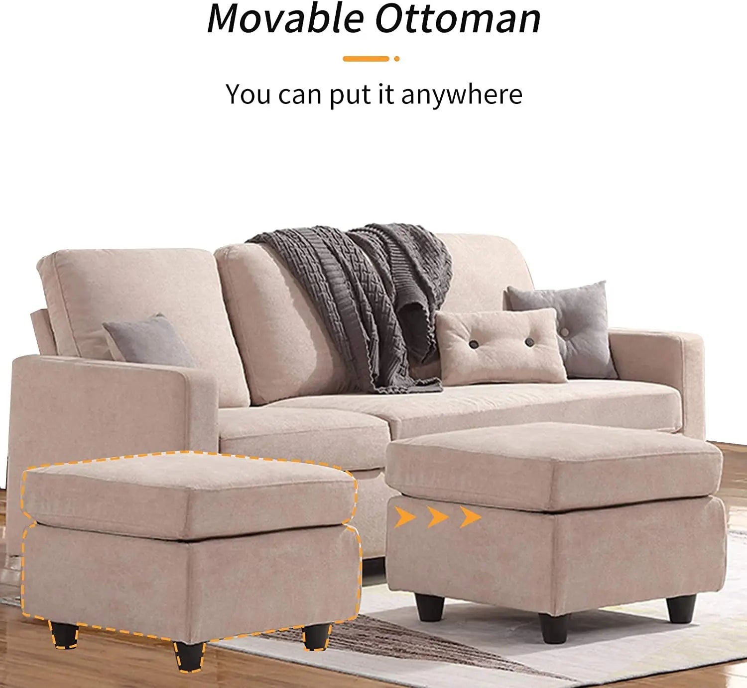 Dark Beige Linen L-Shaped Sectional, Reversible Couch Peach Maple