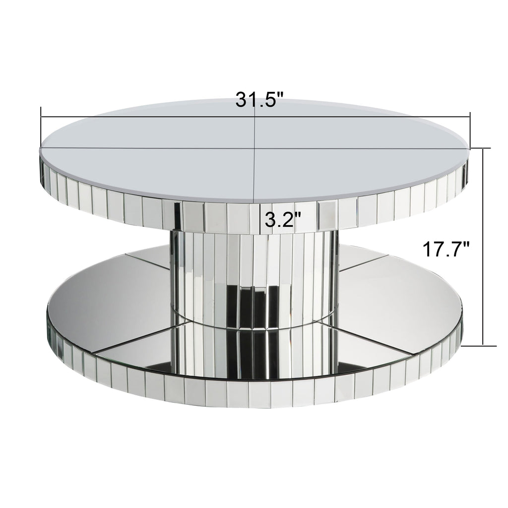Luxury Double-Tier Round Mirror Coffee & End Table with Fluted Glass -