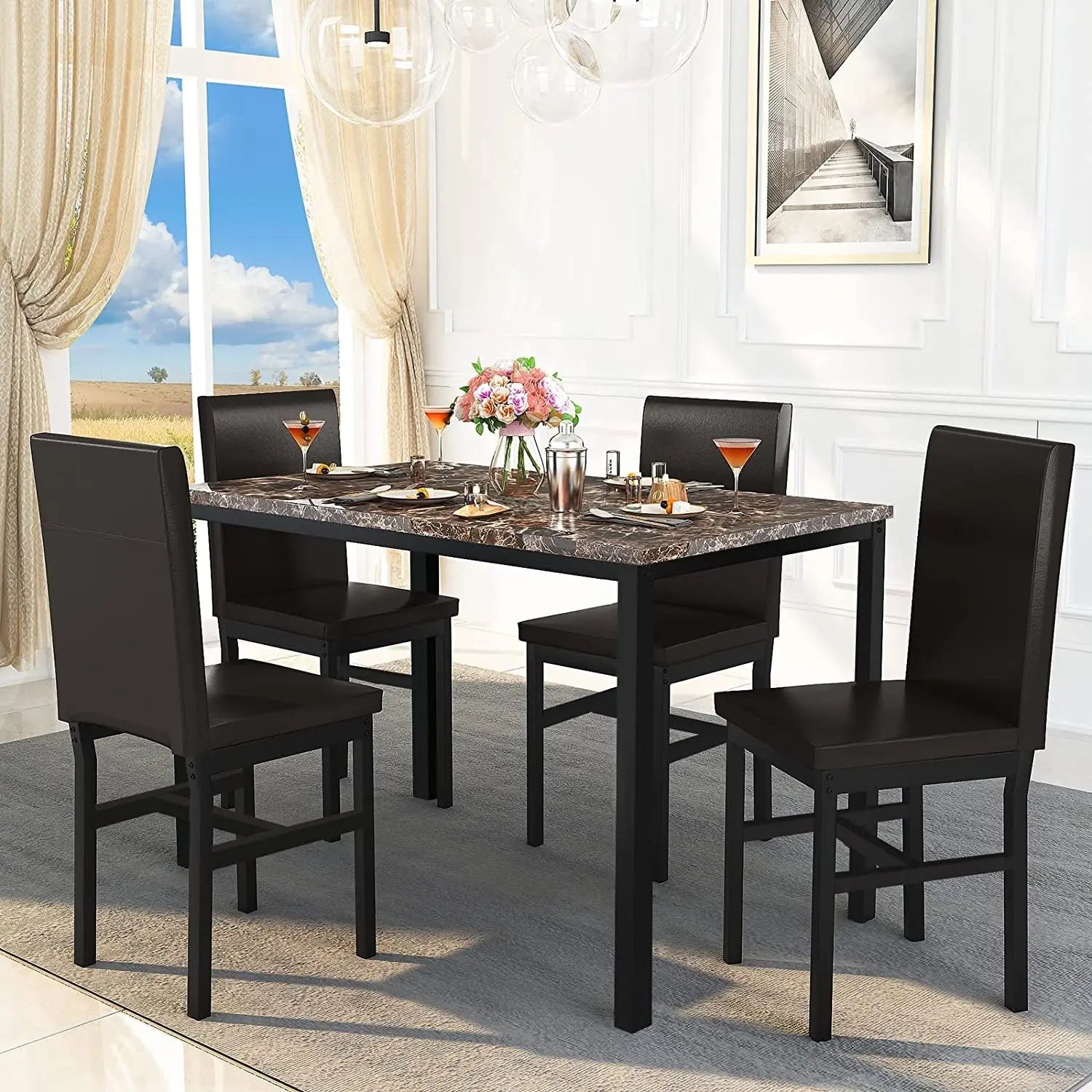 Faux Marble Dining Set, Small Spaces Kitchen, Black Peach Maple