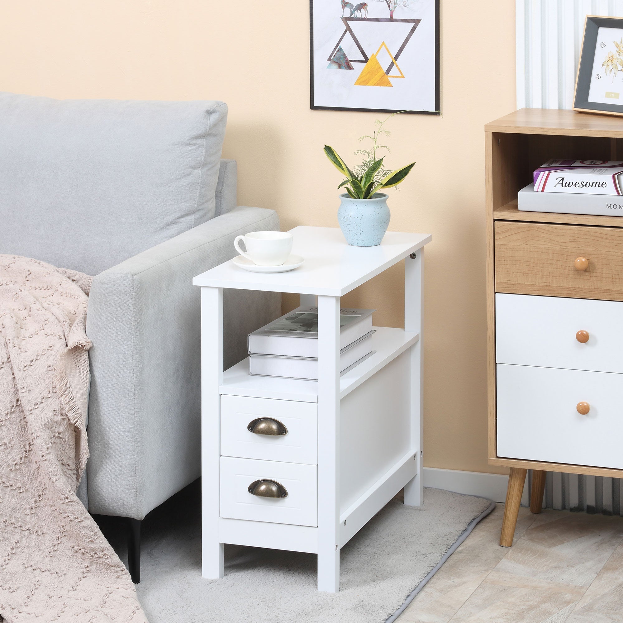 HOMCOM Slim End Table with 2 Drawers and Storage Shelf, Sofa Side Taupe Shadow