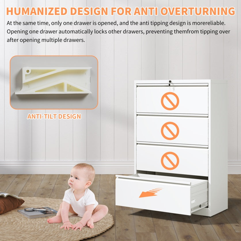 Lateral File Cabinet 4 Drawer, White Filing Cabinet With Lock, Lockable File Cabinet For Home Office, Locking Metal File Cabinet For Legal Letter A4 F4 Size