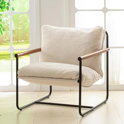 Modern Accent Chair, Living Room Chair with Wood Armrests, Shredded Peach Maple