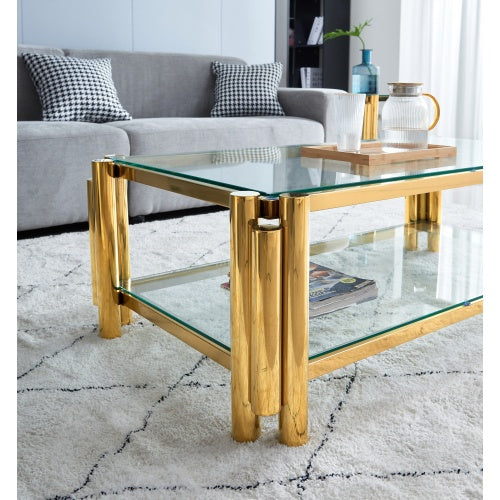 Modern Stainless Steel Coffee Table Set  Set Of 2, Double-Layer Clear Tempered Glass Table Top, Coffee Table  End Side Table 2-Pieces Sets For Living Room Home Office CJDropshipping