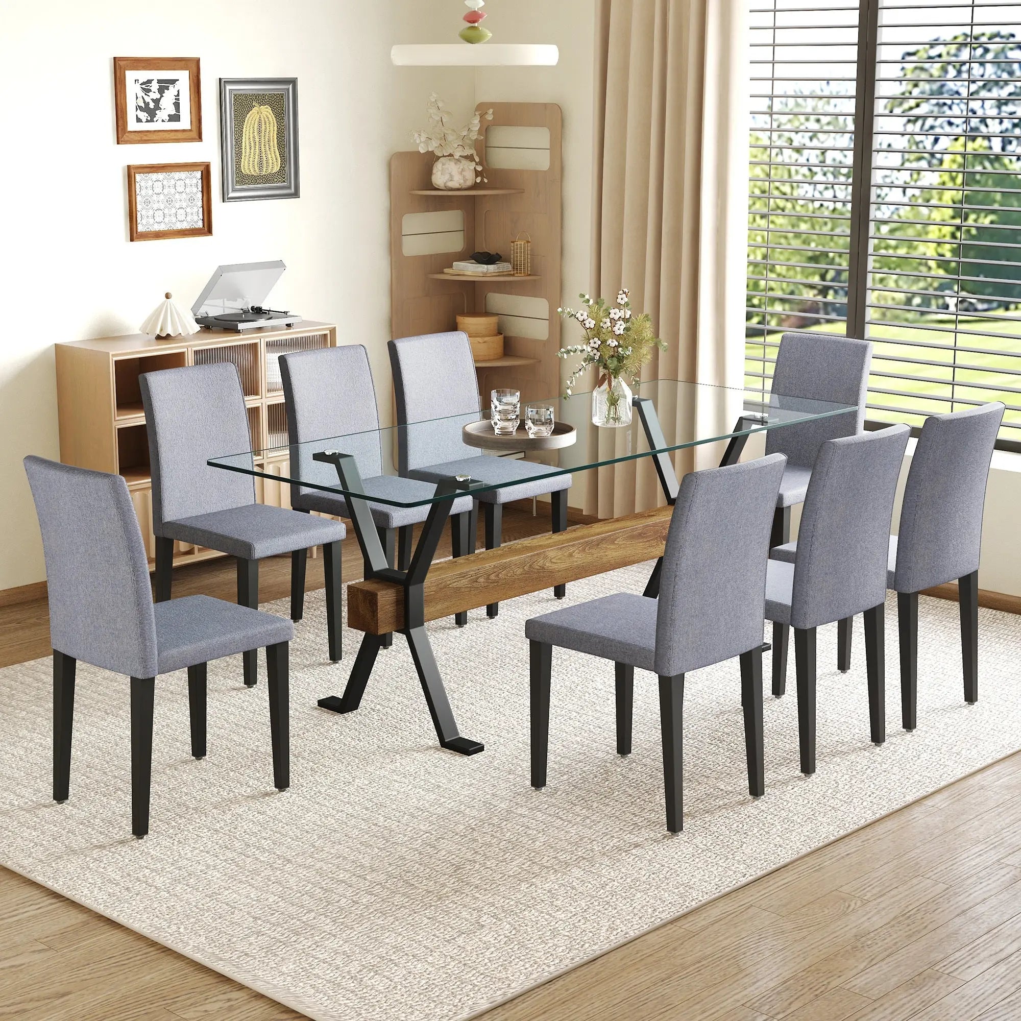 Table and chair set.79'x31.5' Inch Tempered Glass Tabletop With Sangria Beech