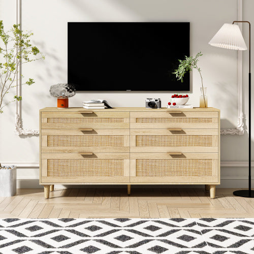 Rattan Dresser With Drawers, 6 Drawer Dresser For Bedroom, Clothes Storage Cabinet For Bedroom, Metal Handle&Wood Legs For Hallway, Living Room, Bedroom,Natural