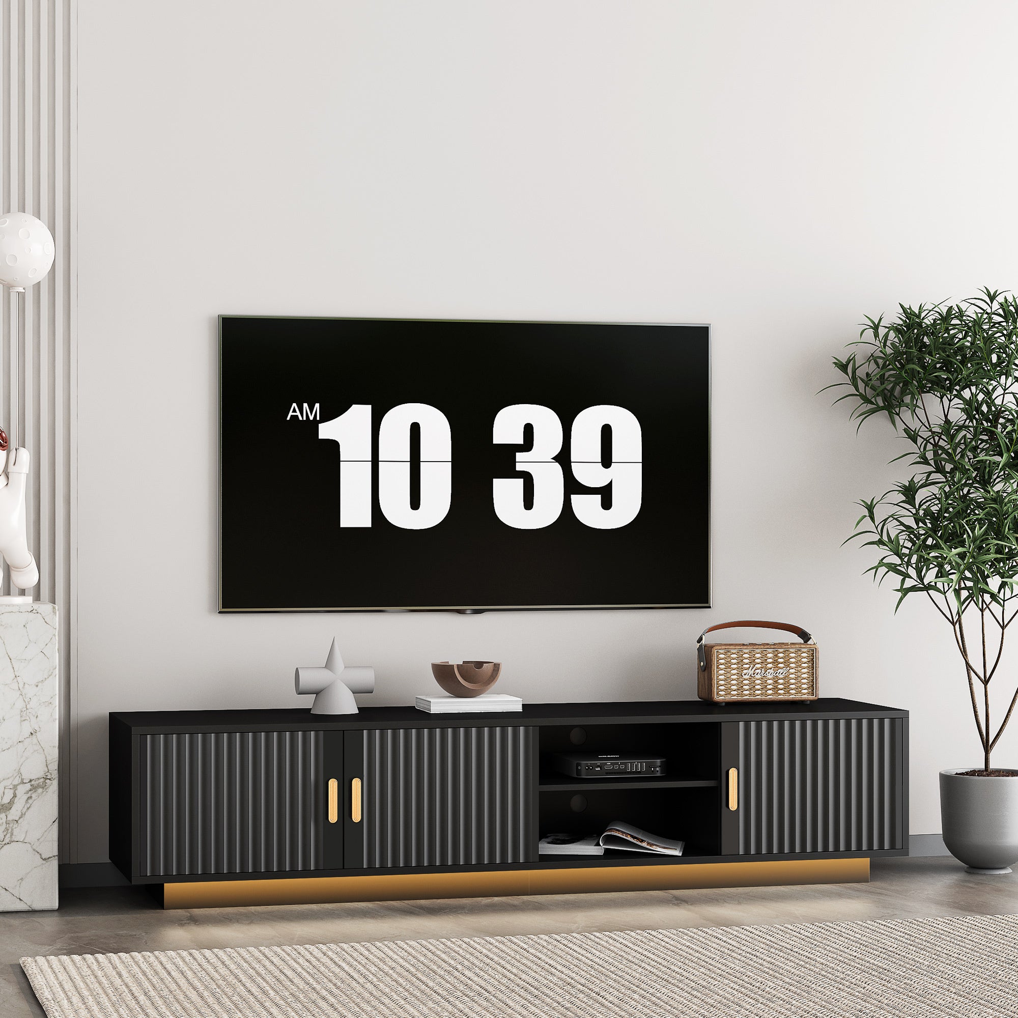 Mid Century Modern TV Stand With LED Lights For 80 Inch TV, Entertainment Center Wooden TV Stand, TV Stand Desk Media Cabinet With Storage For Living Room Bedroom