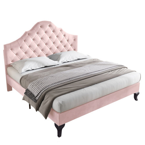 Upholstered Bed With Slatted Frame And Headboard, 4ft6 Double Bed,135x190,Upholstered Bed With Height-adjustable Headboard, Youth Bed, Wooden Slat Support, Easy Assembly, Velvet, Pink