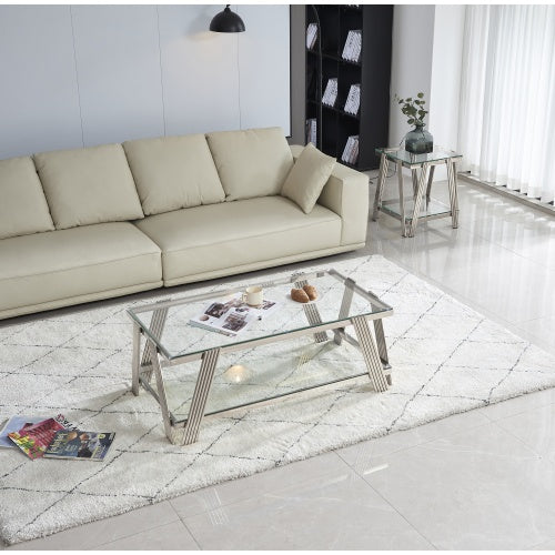 Modern Stainless Steel Coffee Table Set Set Of 2, Double-Layer Clear Tempered Glass Table Top, Coffee Table  End Side Table 2-Pieces Sets For Living Room Home Office, Silver CJDropshipping