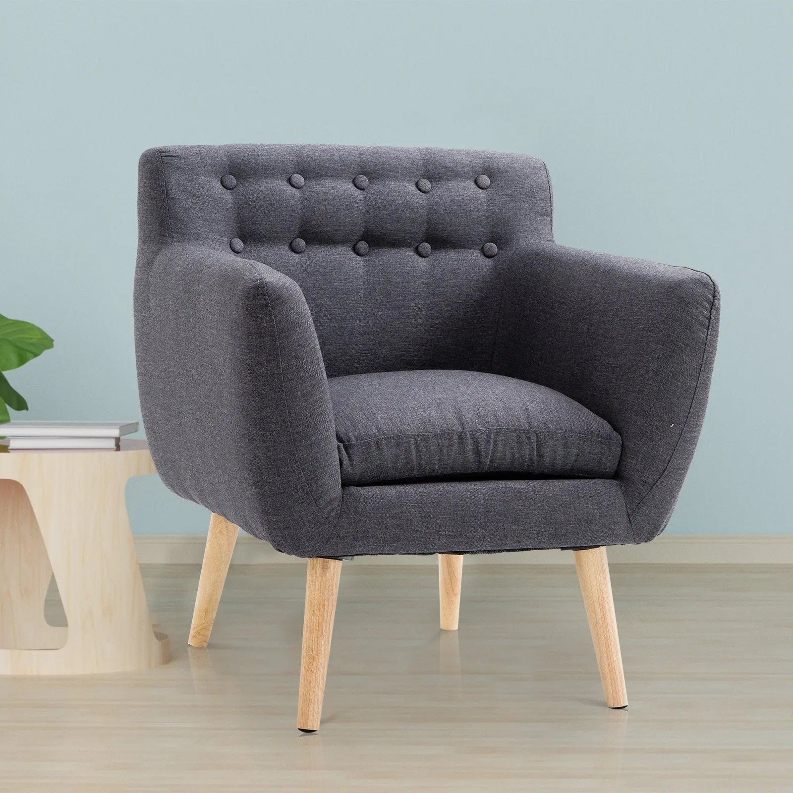 HOMCOM Mid-Century Modern Accent Arm Chair Linen Upholstery Tufted Taupe Shadow