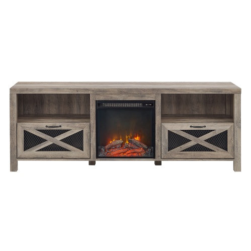 Industrial Farmhouse Metal Mesh Drop-Down X-Door Fireplace TV Stand CJDropshipping