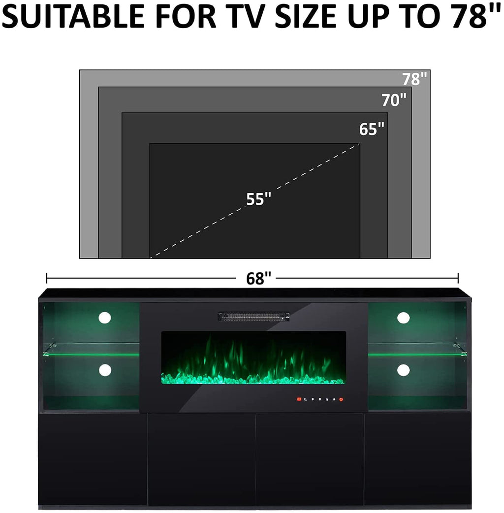 Modern TV Stand with Electric Fireplace and LED Lights Peach Maple