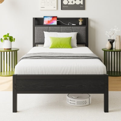 Twin Size Bed Frame, Storage Headboard With Charging Station, Solid And Stable, No Box Spring Needed, Easy Assembly