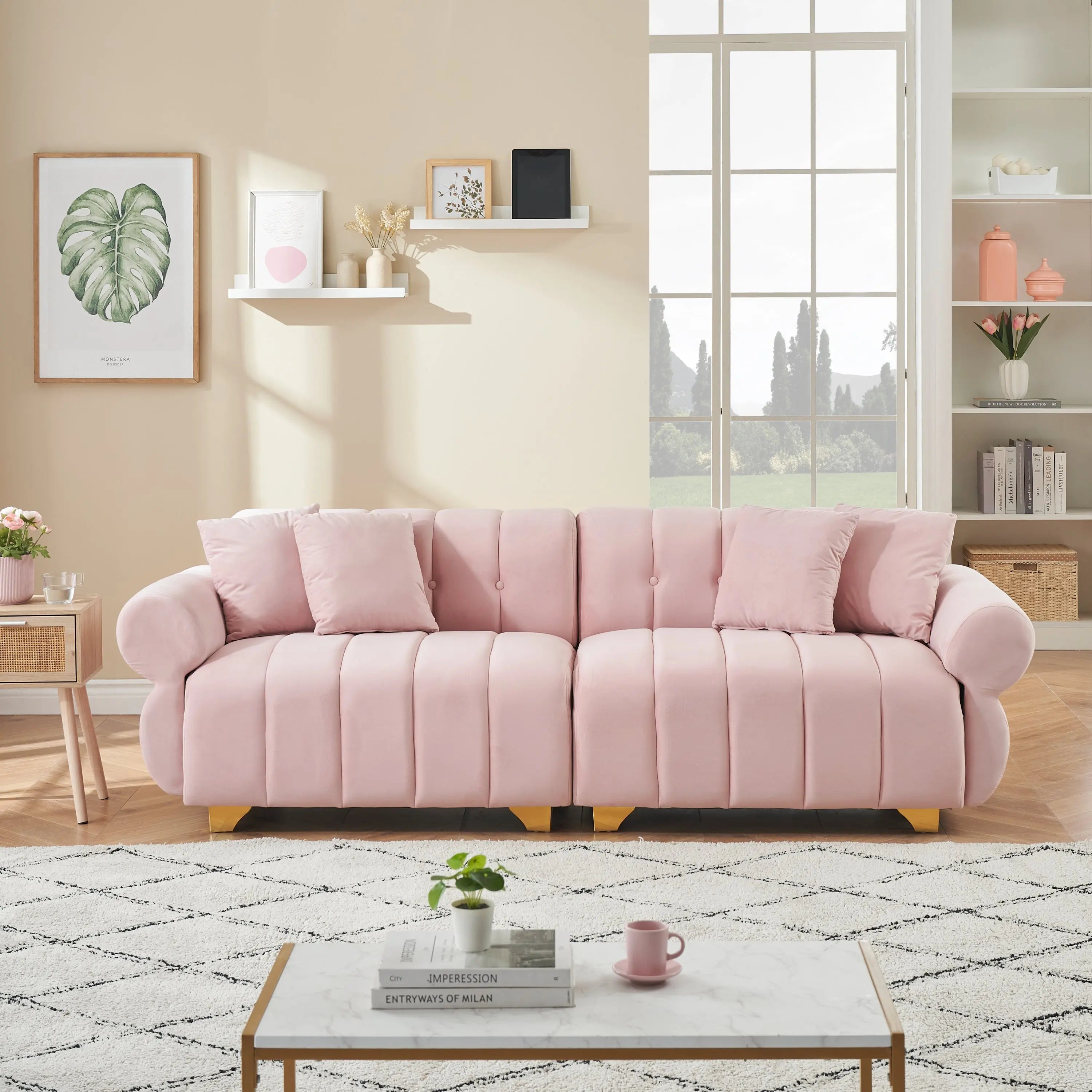 89-inch spring-wrapped cushions, 3 flannelette sofas, stylish metal Sangria Beech