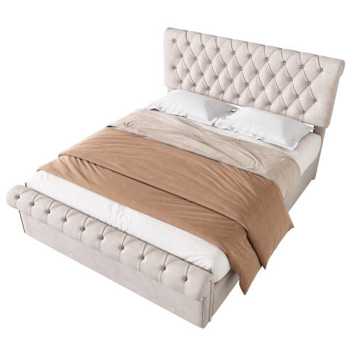 Upholstered Bed 5ft,150x200, 5ft King Bed, Luxurious Velvet Button-Tufted Sleigh Bed Storage, Functional Bed With Slatted Frame And Storage, Beige