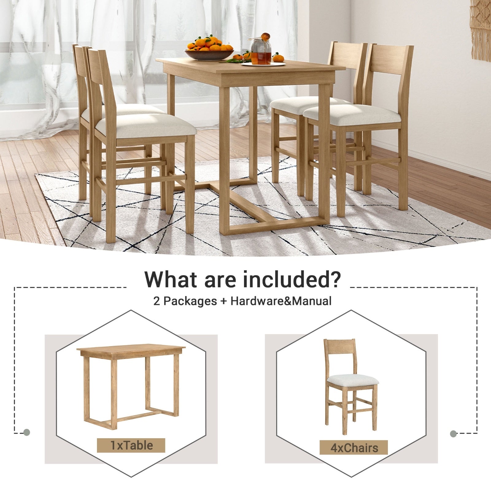 TOPMAX Farmhouse 5-Piece Counter Height Dining Set, 1 Table & 4 Chairs