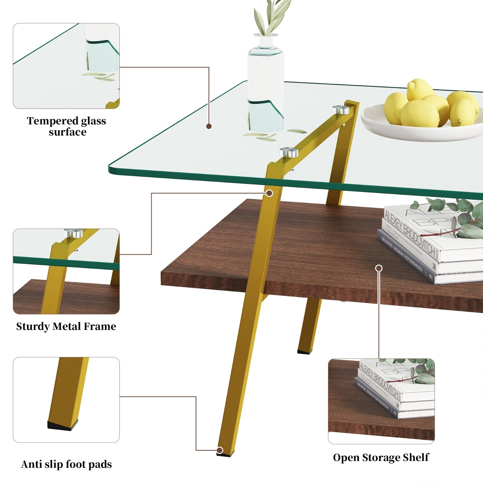 Rectangle Coffee Table, Tempered Glass Tabletop With Gold Metal Legs, Modern Table For Living Room , CJDropshipping