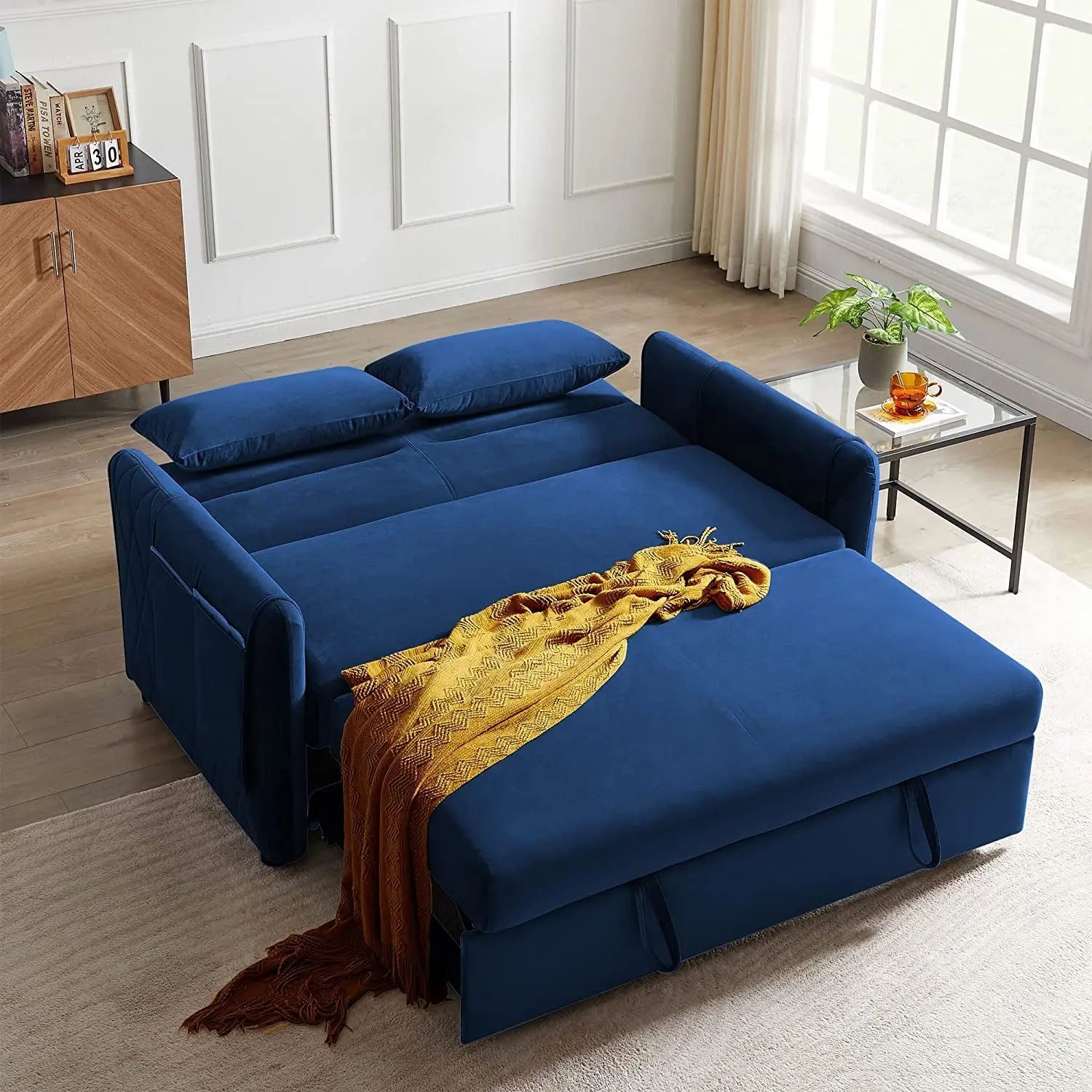 Blue Velvet Convertible Sofa Bed with Adjustable Backrest Peach Maple