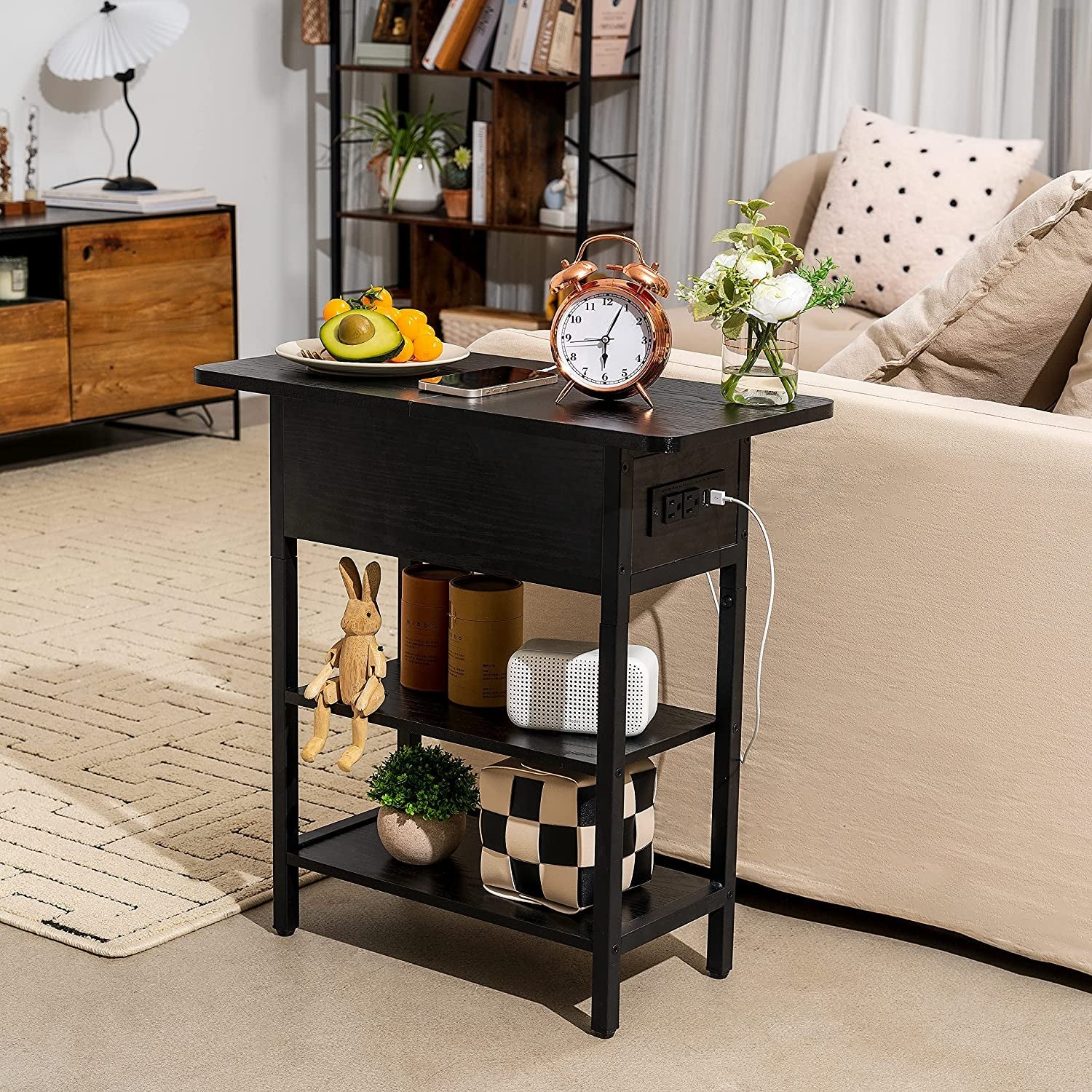 Charging End Table with USB Ports and Outlets, Narrow Nightstand