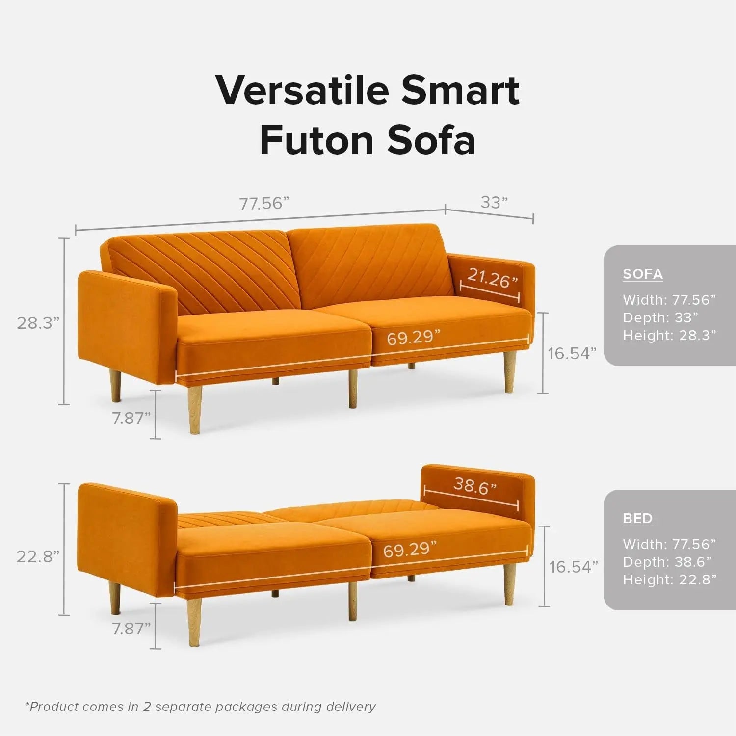 Chloe Futon Sofa Bed with Tapered Legs Peach Maple