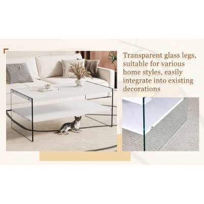 Double Rectangular Coffee Table. The Board Surface Is MDF, With White Stickers, And Both Sides Are Transparent Tempered Glass. Suitable For Living Room, Bedroom And Other Occasions CJDropshipping
