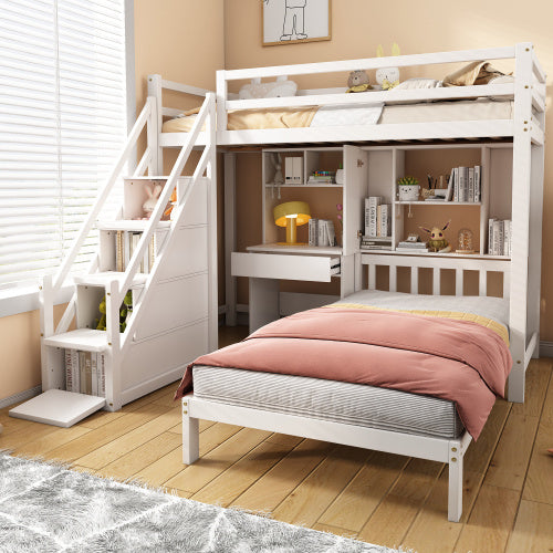 Wood House Bunk Bed 90x190 Cm,Bunk Bed, Double Bed, Multifunctional Children's Bed, Storage Space Function, With Desk And Shelves, With Slatted Frame, White