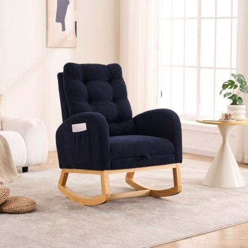 LY-5104 Caramel Accent Rocking Chair With Footrest High Back Rubber Wood Rocking Legs Bedroom Living Space 26.77D X 38.36W X 39.76H Inch
