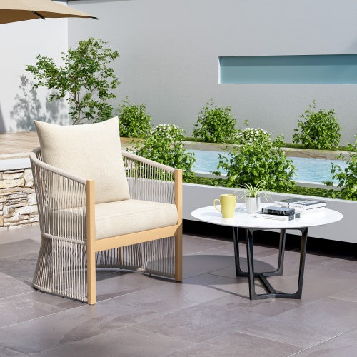 Modern Gray Curved Aluminum Lounge Chair With Stylish Rope-Weave Design And Cushioned Comfort, Perfect For Outdoor Living
