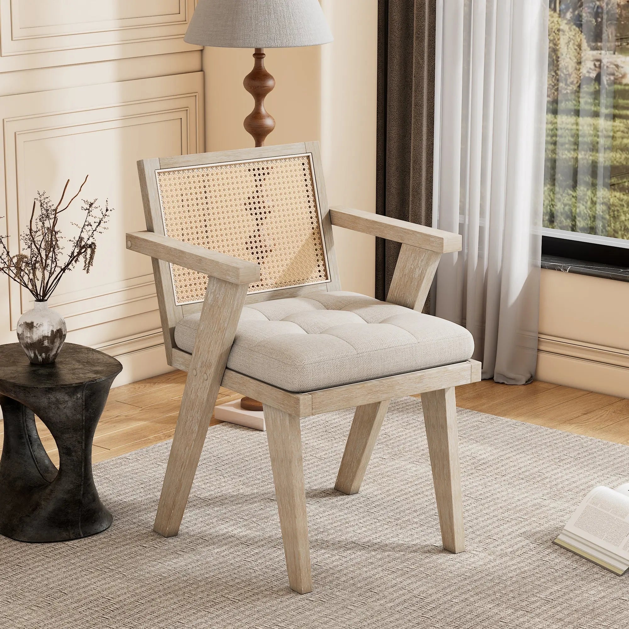 Mid-Century Accent Chair with Handcrafted Rattan Backrest and Padded Sangria Beech