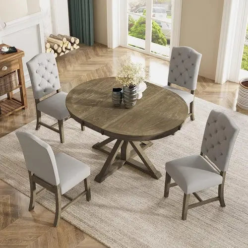 Farmhouse 5-Piece Dining Table Set with Extendable Table and 4 Peach Maple