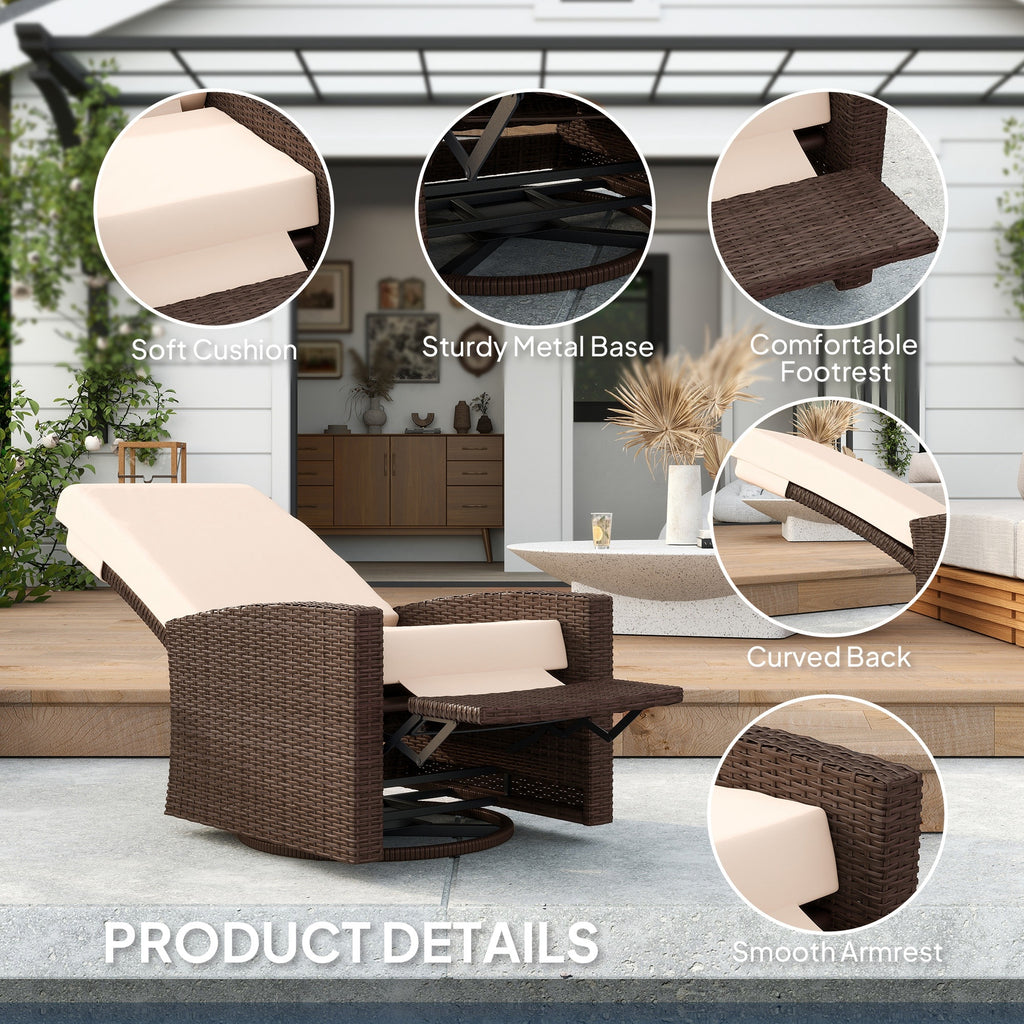 Outdoor Wicker Swivel Recliner Chair, Lifting Footrest, 360 Rotating Basic, Water-resistant Cushions, Cream White
