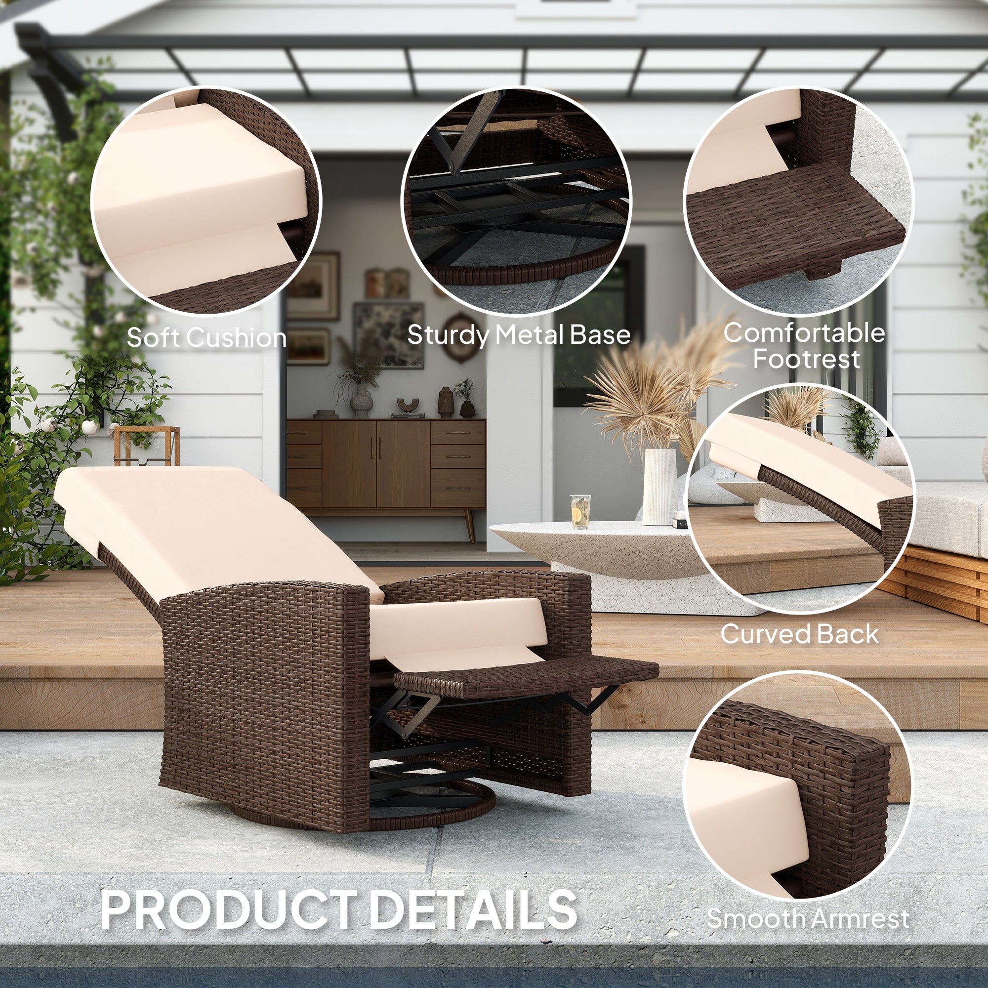 Outdoor Wicker Swivel Recliner Chair, Lifting Footrest, 360 Rotating Basic, Water-resistant Cushions, Cream White