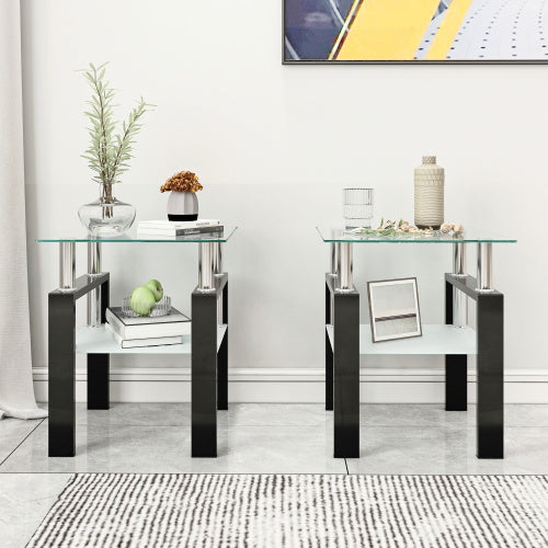 Set Of 2, Modern Tempered Glass Tea Table Coffee Table End Table, Square Table For Living Room, Transparent Black CJDropshipping