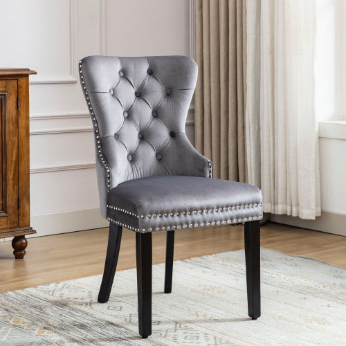 Elvet Dining Chairs Set Of 2 ,4, 6 With OAK Legs, Button, Chrome Knocker And Nailhead Trim Bedroom Chair Kitchen Chair Living Room Lounge Leisure Chair Grey, 2pcs,4pcs,6pcs