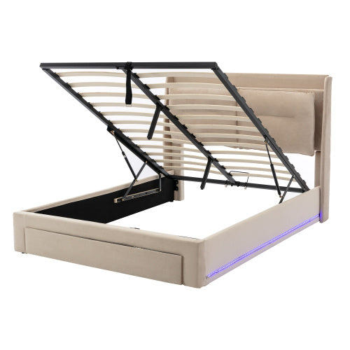 Upholstered Bed, 150x200 5ft King Size Bed, Hydraulic Bed, 2-in-1 Storage Drawers At The End Of The Bed, Recessed LED Light Strips On Both Sides Of The Bed, Slatted Frame, Velvet,Dark Gray