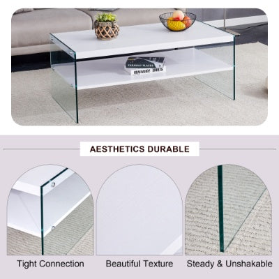 Double Rectangular Coffee Table. The Board Surface Is MDF, With White Stickers, And Both Sides Are Transparent Tempered Glass. Suitable For Living Room, Bedroom And Other Occasions CJDropshipping