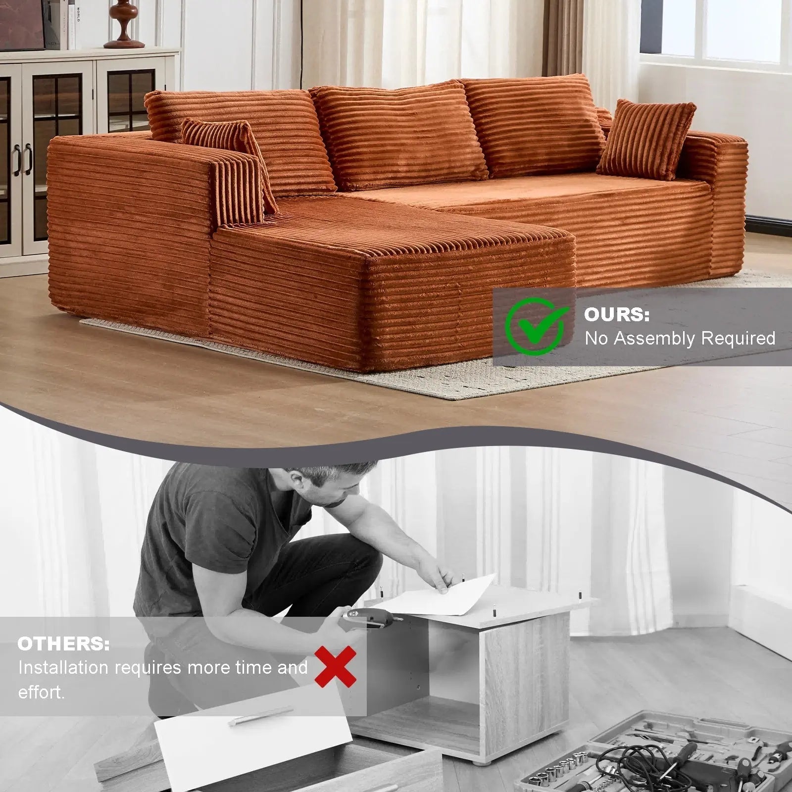 Compression Sectional Couch With Comfy Chaise, Boneless L Shape Sofa Crimson Medea