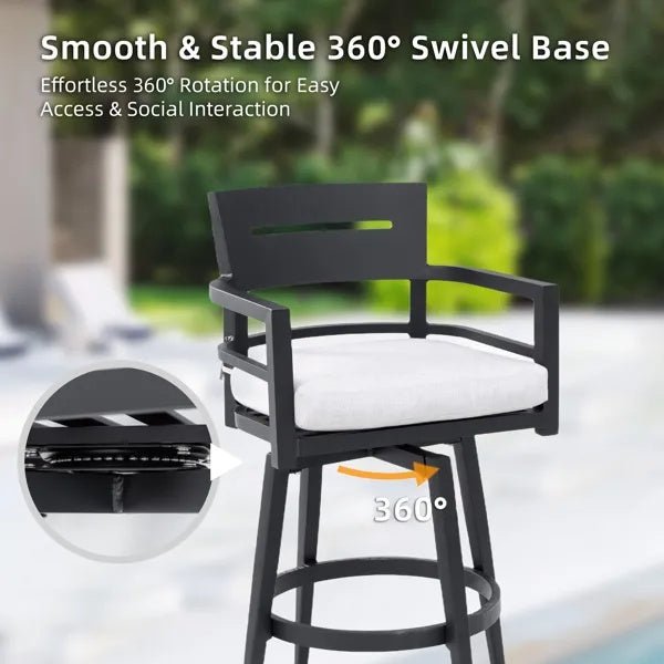Modern Outdoor 2-Piece Swivel Bar Chairs - Aluminum Frame With Ember Black, 360 Swivel, Ergonomic Backrest  Armrests, Tapered Legs, Sunbrella Cushion, Weather-Resistant  Durable Patio Bar Stool