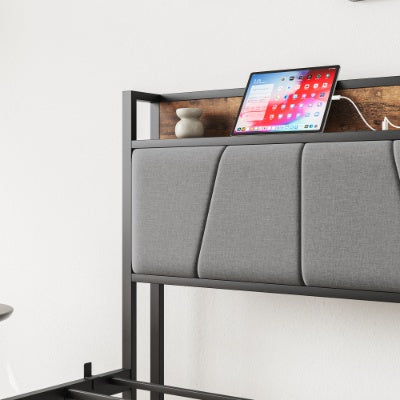 Twin Size Bed Frame, Storage Headboard With Charging Station, Solid And Stable, No Box Spring Needed, Easy Assembly