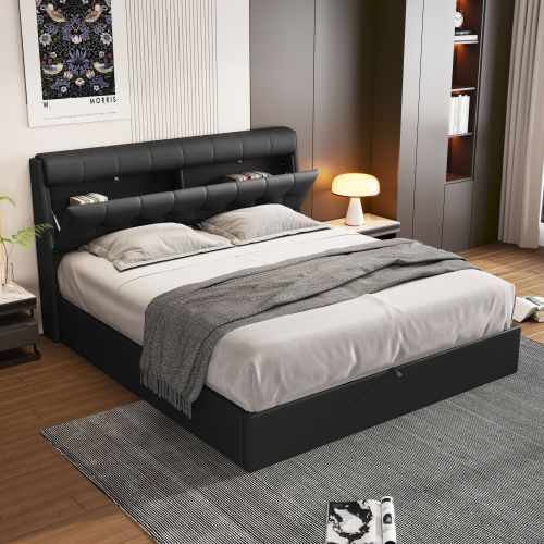 Fashion Upholstered Bed,135x190 4ft6, Double Bed,Hydraulic Bed,Concealed Headboard Storage,Bed Box Storage,PU,With Slats And Headboard,Without Mattress,Cream White