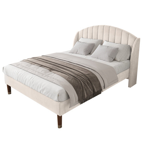Upholstered Bed,Double Bed-4ft6 135x190cm,with Slatted Frame And Headboard, Youth Bed, Wooden Slatted Support, Easy Assembly, Velvet, Beige