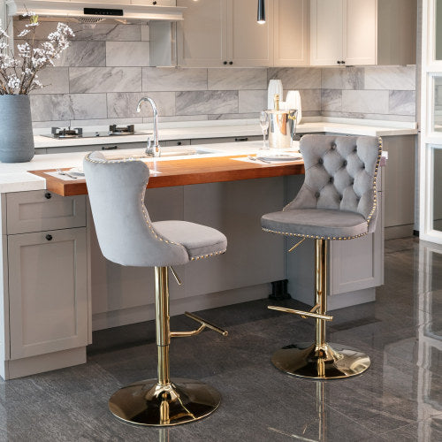 Golden Swivel Velvet Barstools Adjusatble Seat Height From 25-33 Inch Gray,Set Of 2