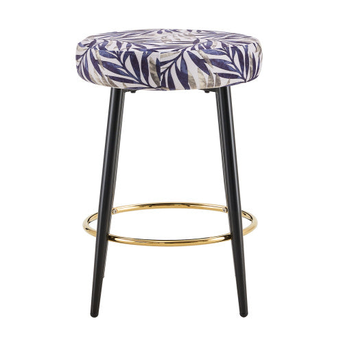 Counter Height Bar Stools Set Of 2, PU Kitchen Stools Upholstered Dining Chair Stools 24 Inches Height With Golden Footrest For Kitchen Island Coffee Shop Bar Home Balcony Silver Leaves Velvet