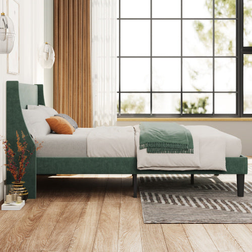 Double Bed Velvet Dark Green 4FT6 Upholstered Bed With Winged Headboard, Wood Slat Support