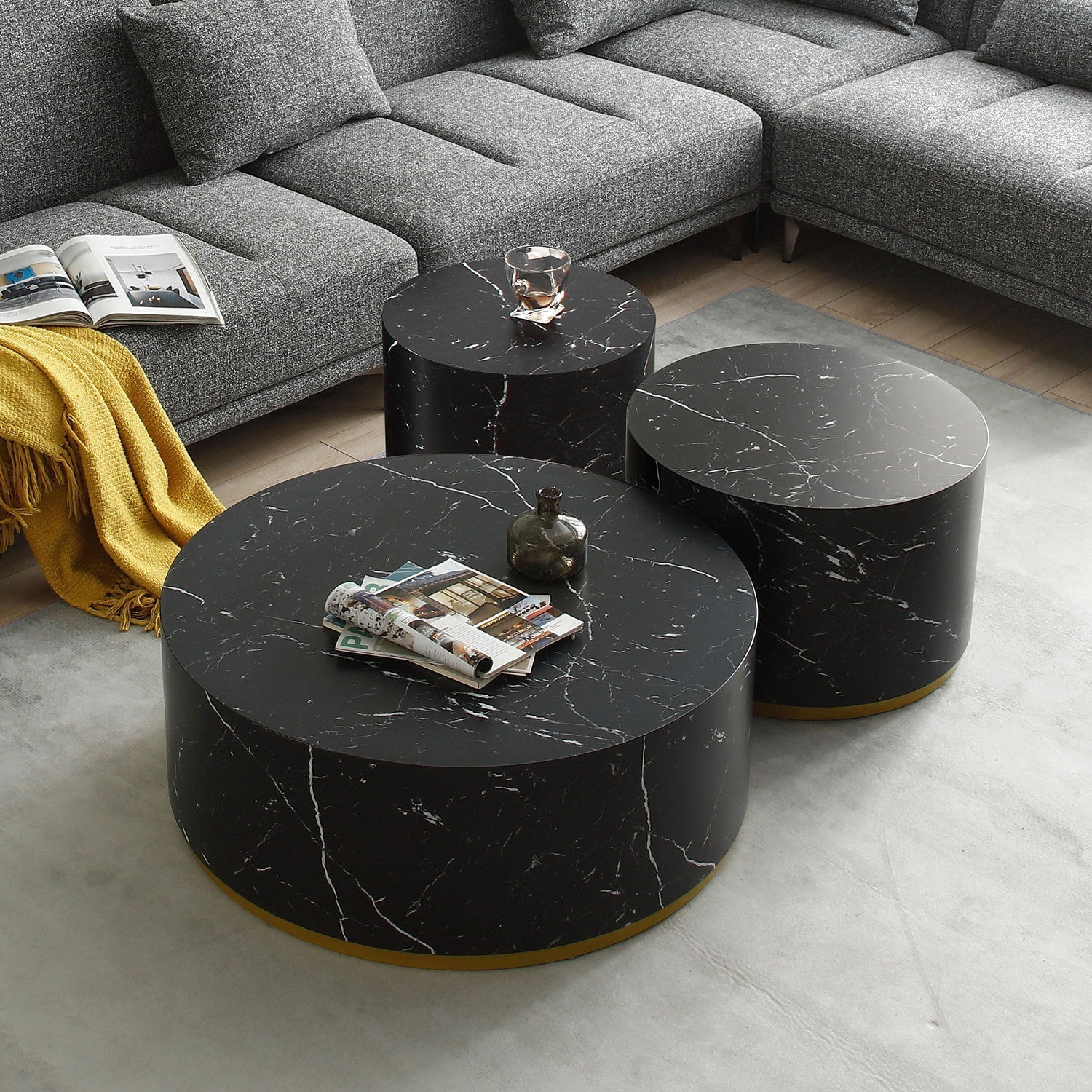 Set of 3 Black Marble Pattern  Round Coffee Table side Table End Table Olive Phaedra