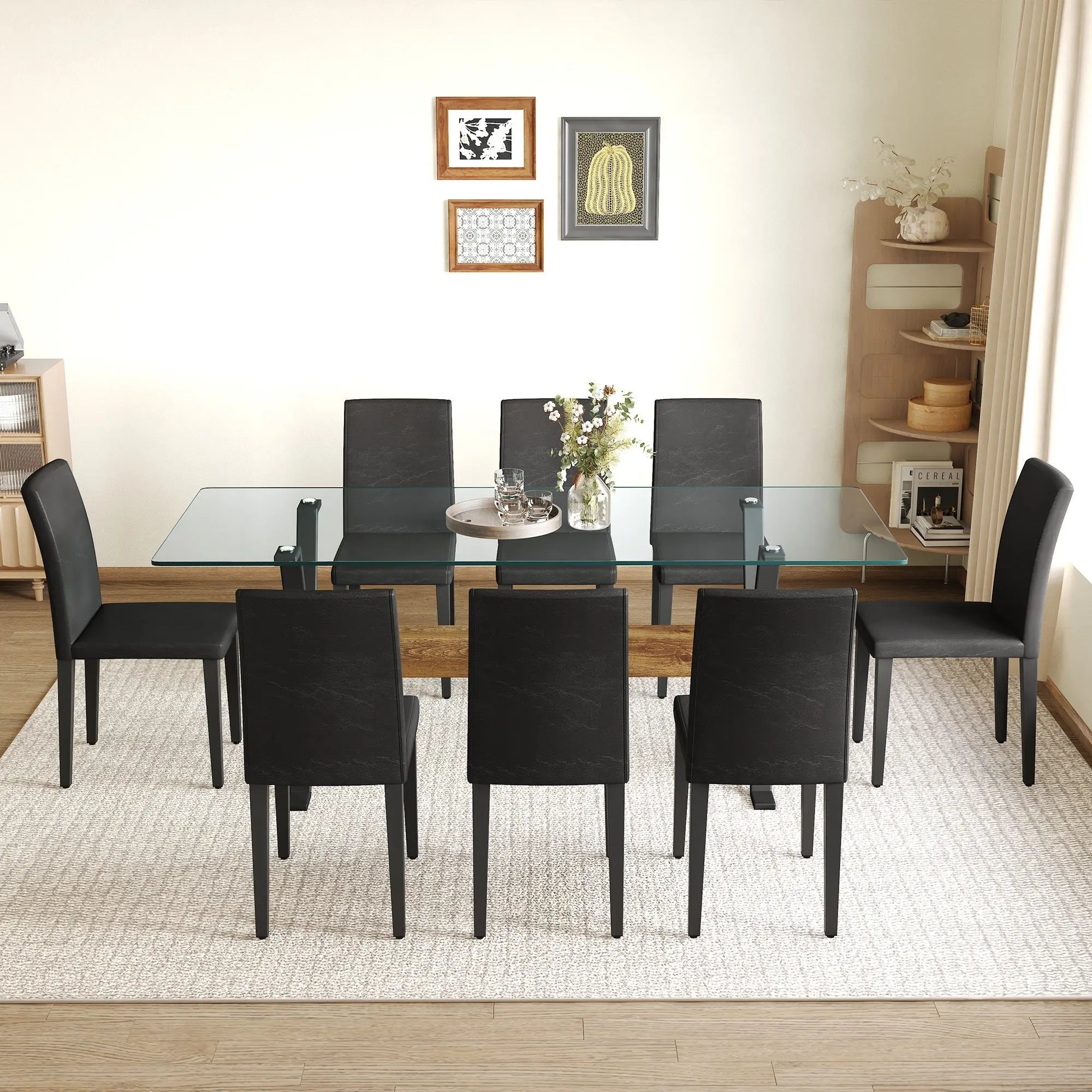 Table and chair set.79'x31.5' Inch Tempered Glass Tabletop With Sangria Beech