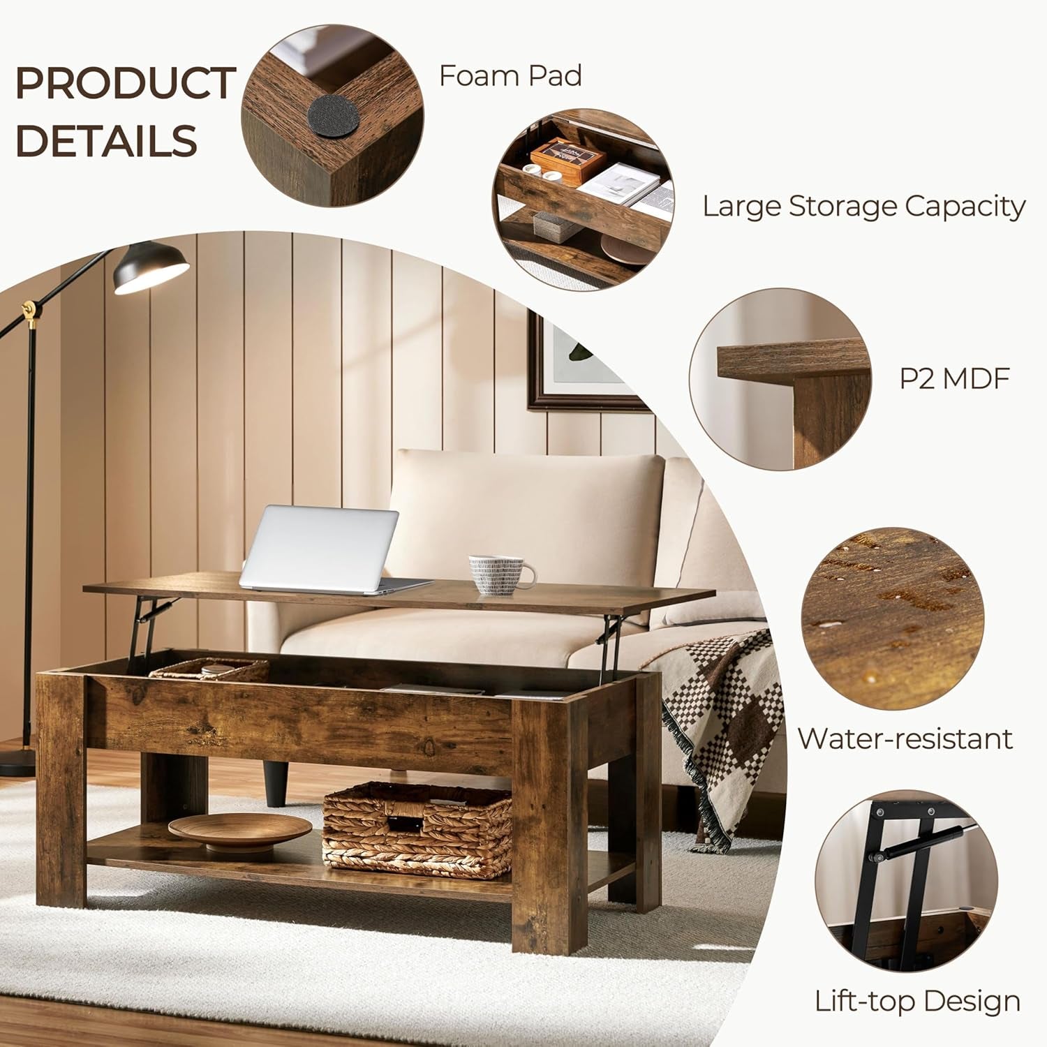 Coffee Table, 47.5In Lift Top Coffee Table with Hidden Compartment and Peach Maple