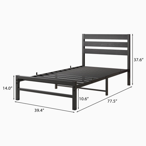 Twin Size Platform Bed Frame With Rustic Vintage Wood Headboard, No Box Spring Needed Black