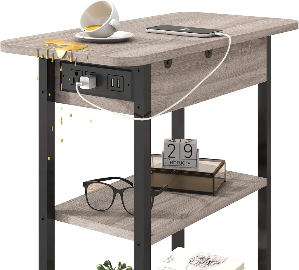 End Table with Charging Station, Flip Top Side Table for Small Spaces,