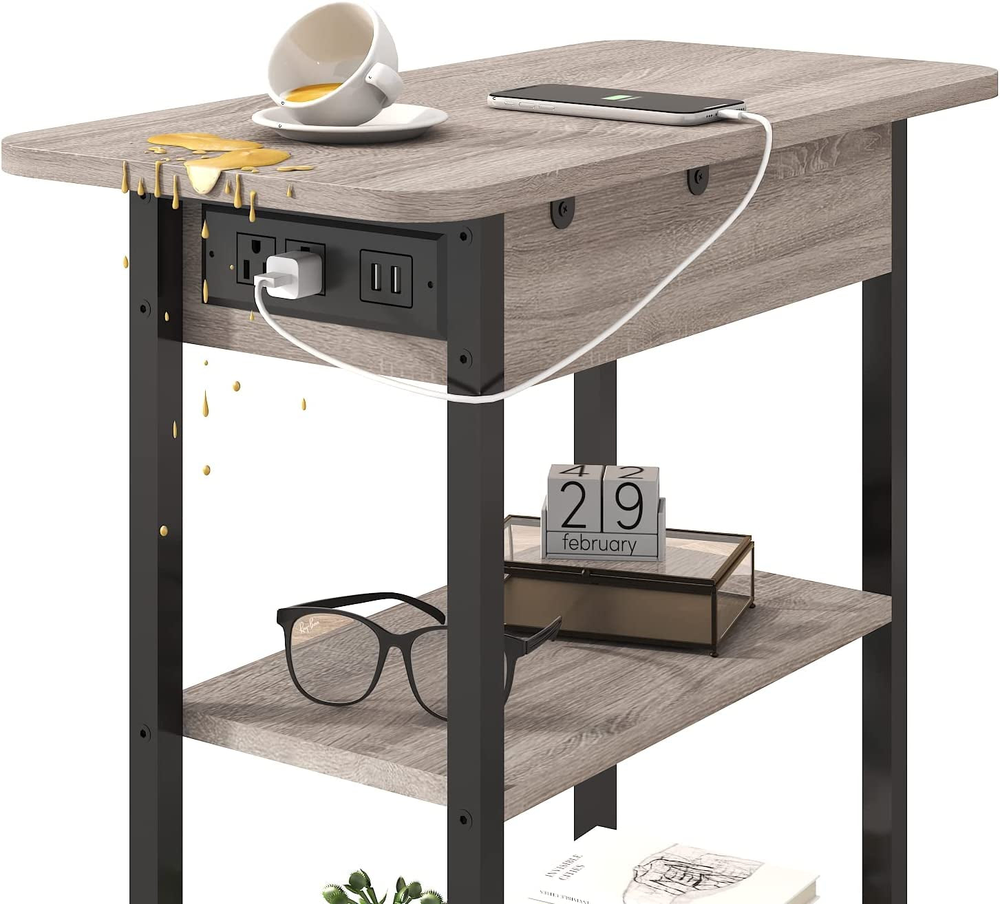End Table with Charging Station, Flip Top Side Table for Small Spaces,
