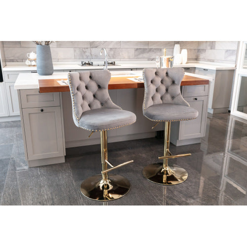 Golden Swivel Velvet Barstools Adjusatble Seat Height From 25-33 Inch Gray,Set Of 2